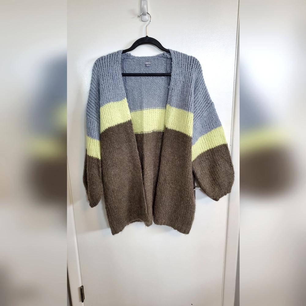 American Eagle medium, striped cardigan - olive green, yellow, lt. blue